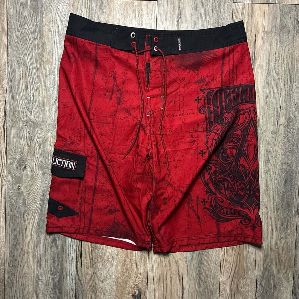 Affliction Sorrow Board Shorts Size 34 Red Black Graphic Surf